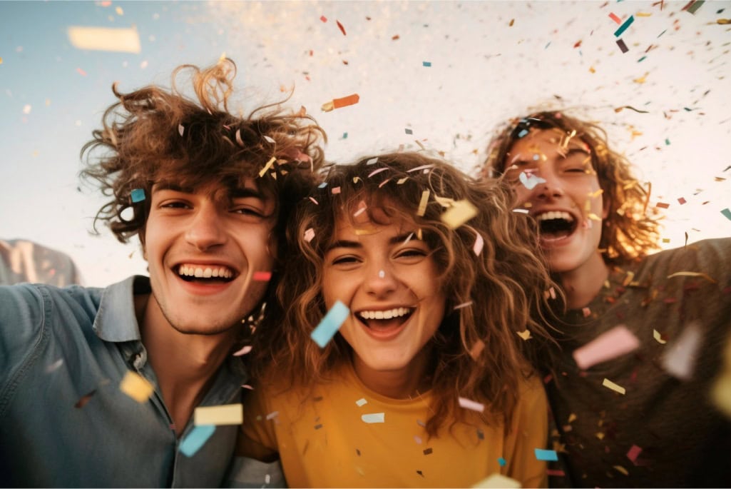 Three people smiling with confetti in the air